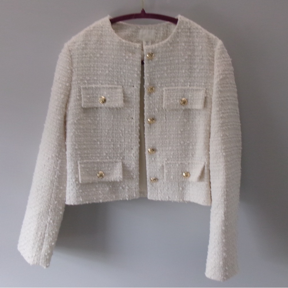 H&M Cream Textured Jacket with Gold Buttons